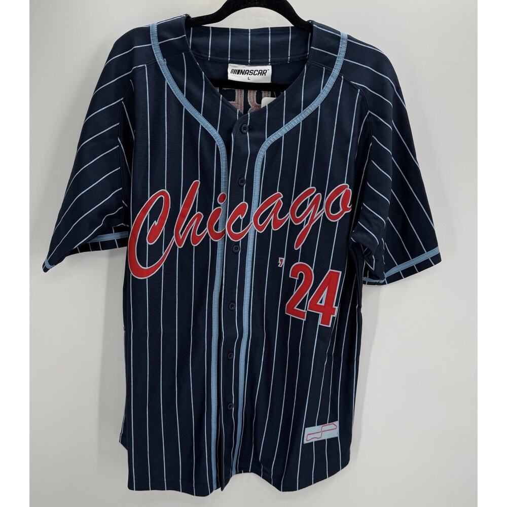 NASCAR Jersey Men Chicago Street Race 2024 Baseball Pinstripe Navy Blue Large - Picture 1 of 9